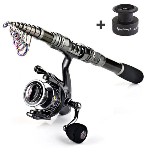 Travel Ready Telescopic Fishing Rod Combo With Spinning Reel And Carrier Bag Includes Lures And Line For Saltwater And Freshwater Angling Kit Grab And Go 1.8M Telescopic Pole For Easy Travel, featuring a carbon fiber rod and reel.