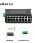 Packing list including Rugged Industrial 16-Port Gigabit Ethernet Switch With 10/100/1000Mbps RJ45, manual, and connector