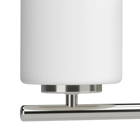 Close-up of etched white glass and brushed nickel finish on the Three Light Etched White Glass Modern Bath Vanity Light.