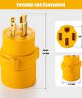 Plug And Play Nema L14 30P To 14 50R Generator Adapter Plug with gold prongs, 4.3 inch height for RV and EV charging.