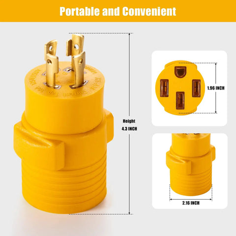 Plug And Play Nema L14 30P To 14 50R Generator Adapter Plug with gold prongs, 4.3 inch height for RV and EV charging.