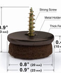 Screw On Felt Furniture Pads 24 Pack For Chair Legs 0.8 Inch Brown Floor Protectors For Hardwood Floors Premium Glides That Keep Your Floors Scratch Free And Moving Smoothly, detailed view showing screw and felt dimensions.