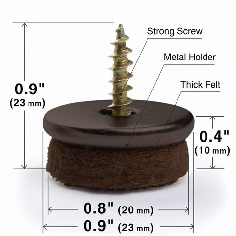 Screw On Felt Furniture Pads 24 Pack For Chair Legs 0.8 Inch Brown Floor Protectors For Hardwood Floors Premium Glides That Keep Your Floors Scratch Free And Moving Smoothly, detailed view showing screw and felt dimensions.