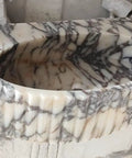 Straight Up Solid Hand Carved Arabescato Marble Wall Mount Sink With Polished Fluted Stone Vanity Basin top view showcasing its elegant design.