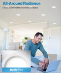 Man working on laptop beneath 16 Pack 6 Inch LED Recessed Lights With Junction Box, Ultra Slim Canless Ceiling Lights, Baffle Trim.