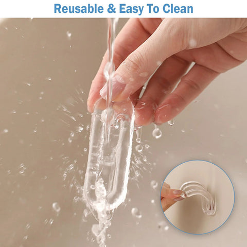 Four Pack Clear PU Self Adhesive Recessed Finger Pulls shown being rinsed, highlighting waterproof and easy-to-clean features.