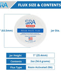 Rosin Paste Solder Flux For Electronics No Clean Formula 2 Oz Jar dimensions and details shown with lid label.