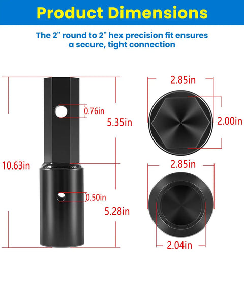 Beefy Heavy Duty 2 Inch Round To 2 Inch Hex Auger Adapter For Power Heads; product dimensions and specifications shown.