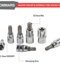 60 Piece Master Torx Bit Socket Set for Everyday Pro Jobs, S2 steel bits and chrome vanadium sockets on display.