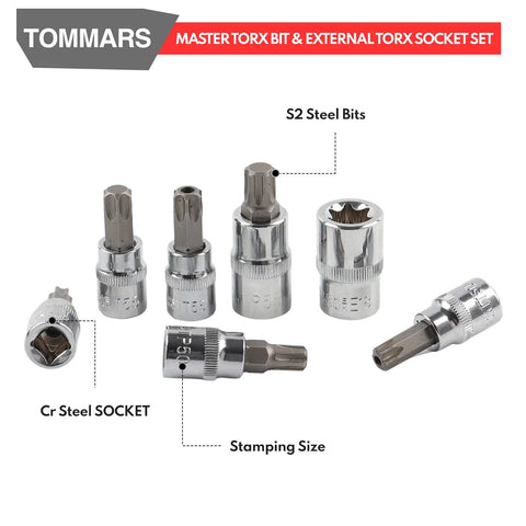 60 Piece Master Torx Bit Socket Set for Everyday Pro Jobs, S2 steel bits and chrome vanadium sockets on display.