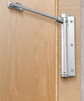 Heavy Duty Adjustable Door Closer With 4 Level Speed Control mounted on a wooden door, showing spring loaded self closing mechanism.