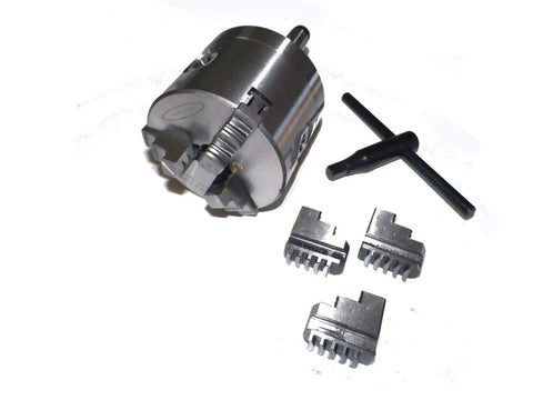 4 Inch 3 Jaw Lathe Chuck With MT3 Shank Non Rotating For CNC And Heavy Duty Benchtop Machines, with external jaws and T-handle.