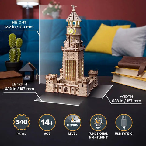 Lighthouse Of Alexandria 3D Wooden Puzzle Kit For Adults With LED Night Light, DIY Model Building Hobby Set, Ancient World Landmark, Brain Teaser, Creative Home Decor And Conversation Starter, 310 mm tall