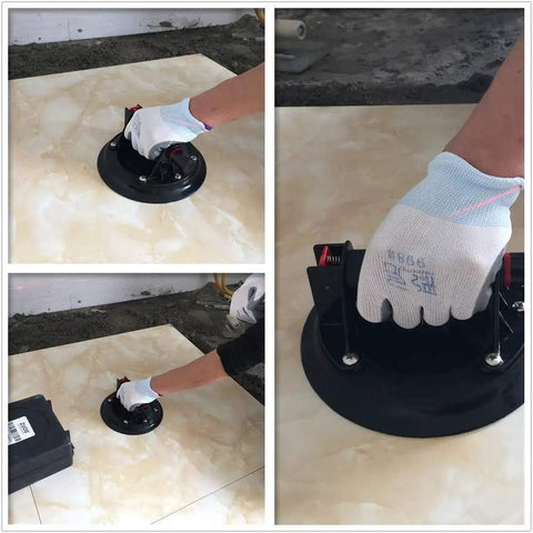 Using 8-Inch Glass Vacuum Lifter Handheld With Handle to lift tile, showing durable design and grip, includes carrying case.