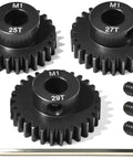 8mm Steel Pinion Gear Set 25T 27T 29T With Laser Engraved Tooth Count For 1/5 X Maxx RC Model Car Buggy Truck Upgrade Mod Gear Compatible With Brushed And Brushless Motors 3 Pcs displayed with tool and screws