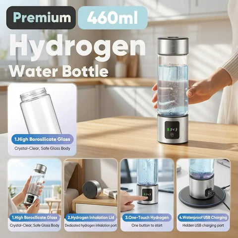 On The Go Hydrogen Water Bottle With SPE-PEM Electrolysis, Up To 6000 PPB In Minutes, 460ml Borosilicate Glass on kitchen counter