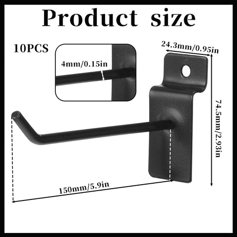 10 Pack 6 Inch Heavy Duty Slat Wall Hooks for Garage Organization Easy No Tool Installation J Shaped Utility Hangers diagram