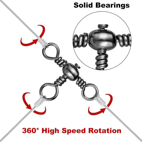 100 Piece Drift Team Approved Three Way Fishing Swivels Black Nickel Stainless Steel T Shape Connectors showing 360° rotation gear.