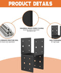 Heavy Duty 4x4 Post Bracket Kit for Wood Decks, 4-pack with 14 gauge steel base and durable anchor connectors shown with product details.