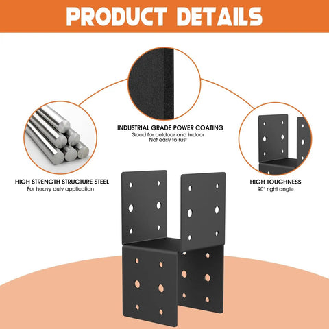 Heavy Duty 4x4 Post Bracket Kit for Wood Decks, 4-pack with 14 gauge steel base and durable anchor connectors shown with product details.