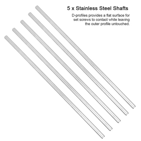Heavy Duty Badass Stainless Steel D Shaft Motor Coupler Compatible With FRC FTC VEX Robotics 5 Pack 3.9 By 0.2 Inch showing five stainless steel shafts.