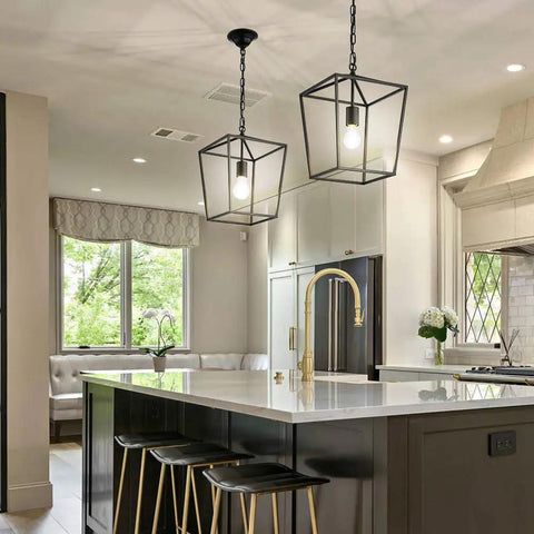 Modern kitchen with pendant lights featuring 60W Equivalent E26 LED Filament Bulbs Daylight 4000K Non Dimmable A19 Glass Clear, 6 Pack.