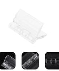 Single clear acrylic small folding hinge for jewelry boxes and display cabinets, showcasing compact and durable design.