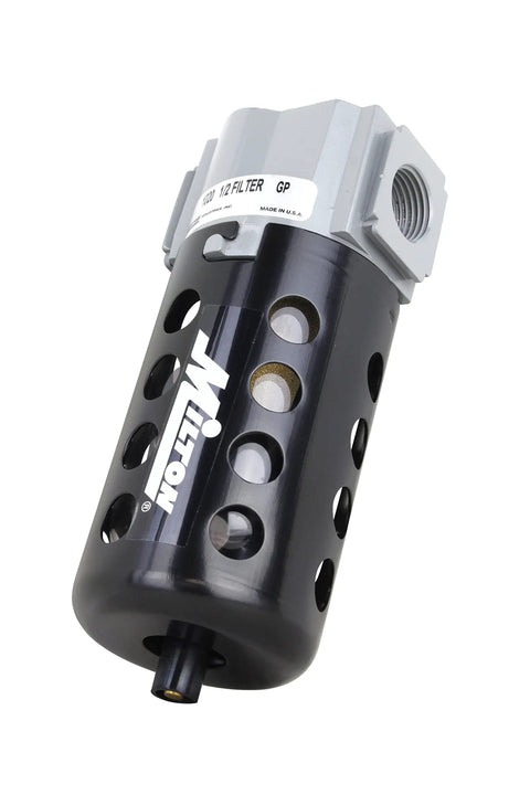 Half Inch NPT Filter For Compressed Air Upstream From Regulators, black casing, side view, auto drain visible