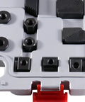 Close-up of Pro-Grade Deluxe Steel Clamping Kit For 7/16 Inch Table Slot, 58-Piece Set components in a plastic case.
