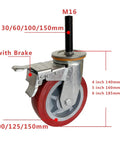 Heavy Duty Threaded Stem Casters With M20 Locking Swivel Wheels For Trolleys And Workshop Gear Smooth Silent Roll, close-up of caster wheel with brake, red polyurethane.