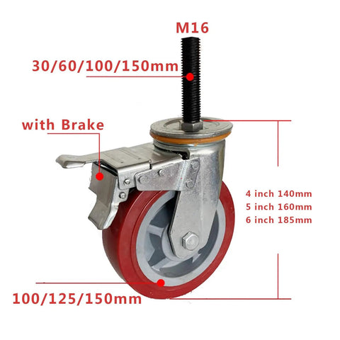 Heavy Duty Threaded Stem Casters With M20 Locking Swivel Wheels For Trolleys And Workshop Gear Smooth Silent Roll, close-up of caster wheel with brake, red polyurethane.
