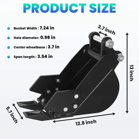 Diagram of Narrow 7.87 Inch Excavator Bucket With Metal Teeth Manganese Steel Mini Backhoe Attachment dimensions and details