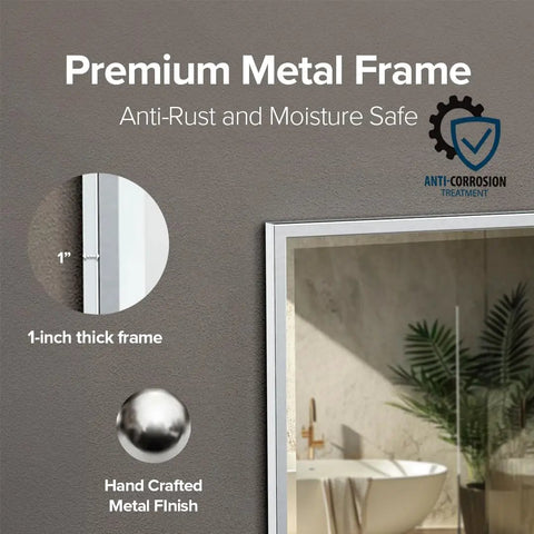 Close-up of Ultra Slim Beveled Rectangle Slick Chrome Bathroom Wall Mirror frame showcasing anti-corrosion treatment.