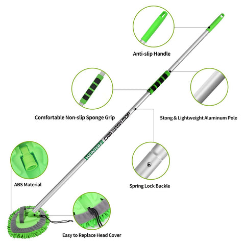 62 Inch Car Wash Brush Set With Long Handle And Chenille Microfiber Mitt Kit For Easy Detailing, showing pole parts and green brush head