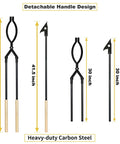 42 Inch Fire Tongs And Fire Poker Set Beefy Heavy Duty Detachable Log Grabbers with size measurements and detachable handle design.