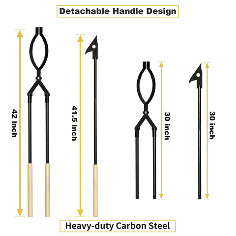 42 Inch Fire Tongs And Fire Poker Set Beefy Heavy Duty Detachable Log Grabbers with size measurements and detachable handle design.