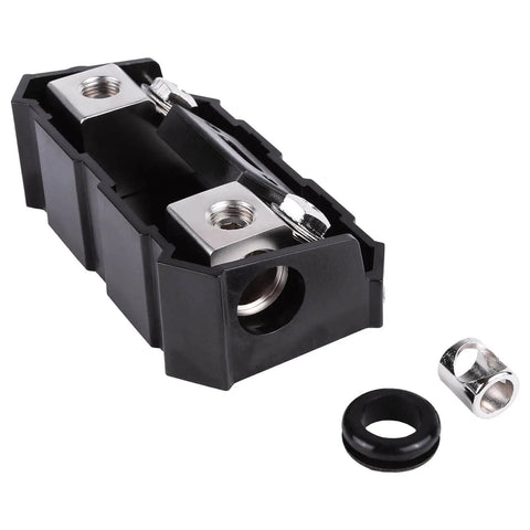 Heavy Duty ANL Fuse Holder With Two Fifty And Three Hundred Amp Fuses For One Zero Or Four Gauge Car Audio Power Drop Ins built with zinc core and black casing.