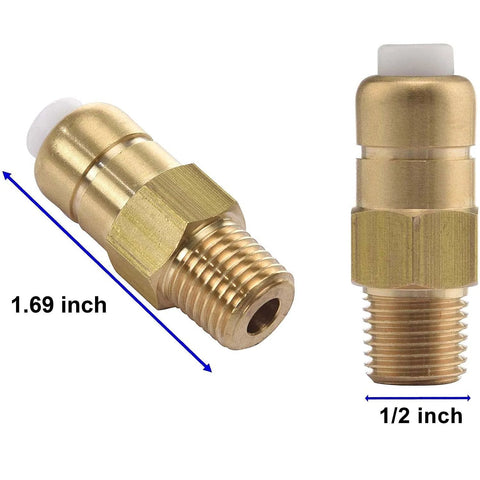 Brass thermal release valve for pressure washer pump, 1/4 in NPT, 2-pack; side and front views