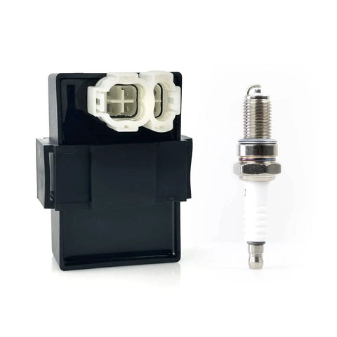 Ignition Coil CDI Box Spark Plug Replacement Kit For Recon 250 And Sportrax 250 ATVs Must Have Replacement Kit Compatible With TRX250TM TE EX X Models 2001 2020 Includes 30410HN6000 And 30510HN6000 showing CDI box and spark plug