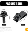 Product image showing size dimensions of 20 Piece Waterproof Metal Car Body Fasteners Kit With Fender Bumper Radiator Screws Bolts U Shaped Clips Patches And Universal Hood Panel Fixings For All Vehicles Black.