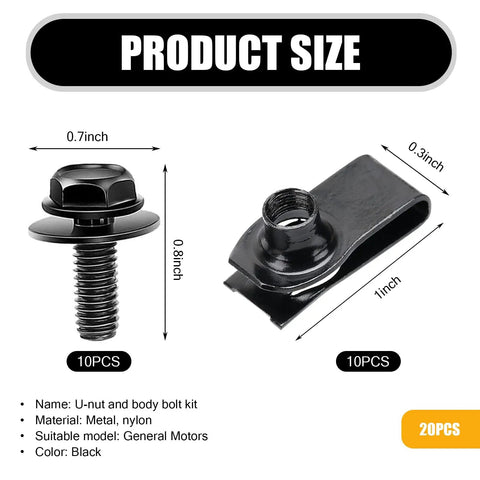 Product image showing size dimensions of 20 Piece Waterproof Metal Car Body Fasteners Kit With Fender Bumper Radiator Screws Bolts U Shaped Clips Patches And Universal Hood Panel Fixings For All Vehicles Black.