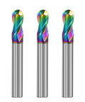 Front view of 3 Pack 1/4 Inch Solid Carbide Ball Nose End Mills, 2 Flute DLC Coated CNC Milling Cutters For Copper And Aluminum Alloys.
