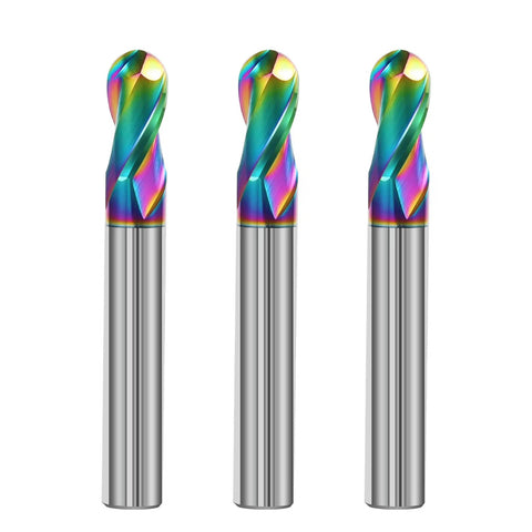 Front view of 3 Pack 1/4 Inch Solid Carbide Ball Nose End Mills, 2 Flute DLC Coated CNC Milling Cutters For Copper And Aluminum Alloys.