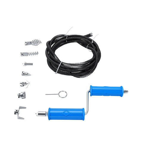 Heavy Duty Drain Auger Attachment For Kitchen Sink And Shower With 5 Meter Cable and alloy steel cutter heads shown in kit.