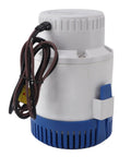 Supercharged 4000 GPH 12 Volt DC Submersible Water Pump With Overheat Prevention for fluid transfer, compact design with blue base.