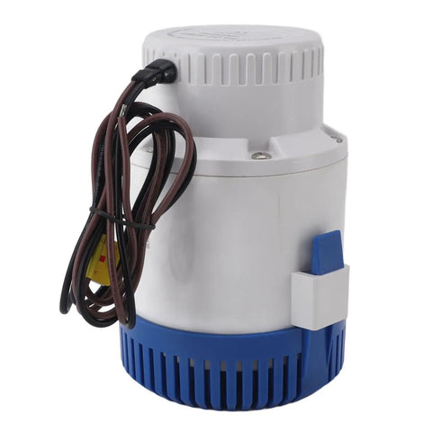 Supercharged 4000 GPH 12 Volt DC Submersible Water Pump With Overheat Prevention for fluid transfer, compact design with blue base.