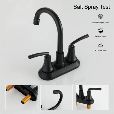 Image showing Matte Black Bathroom Sink Faucet, 4 Inch Centers, Modern Single Hole Design, BF023-MB, salt spray resistance features.