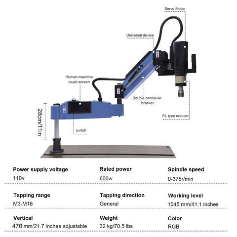 US Stock 0-375RPM Electric Tapping Machine With Flexible Tapper Arm For M3-M16 Fasteners on a workbench with specifications.