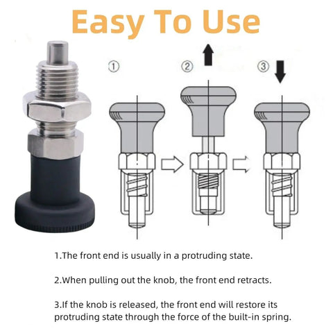 Heavy Duty Stainless Steel Spring Plunger With M12 Retractable Ball Nose Thumb Wheel showing easy use with knob retraction.