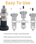 Retractable Stainless Steel Ball Nose Spring Plunger Pair With Smooth Pull Knob Grip showing usage instructions and components.